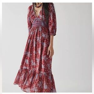 Free People Golden Hour Maxi Boho Dress in Wine Combo Medium